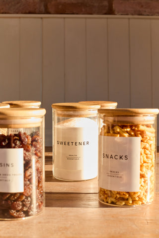 Bamboo Glass Storage Jars – 12-Piece Set - Includes 420 White Pantry Labels