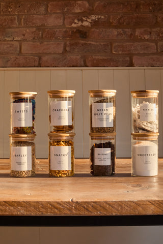 Bamboo Glass Storage Jars – 12-Piece Set - Includes 420 White Pantry Labels