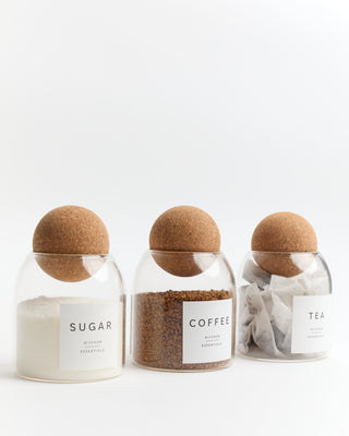 Cork Ball Glass Storage Jars – Set of 3 - Tea, Coffee & Sugar