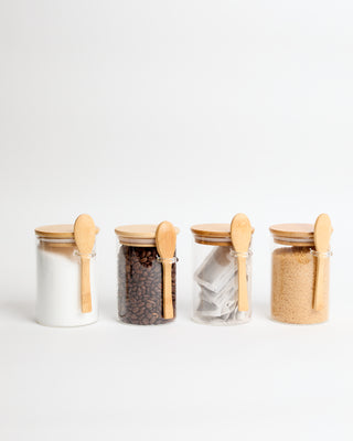 Bamboo Glass Storage Jars with Spoons - Set of 4