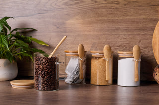 Bamboo Glass Storage Jars with Spoons - Set of 4