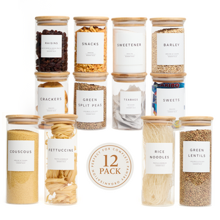 Bamboo Glass Storage Jars – 12-Piece Set - Includes 420 White Pantry Labels
