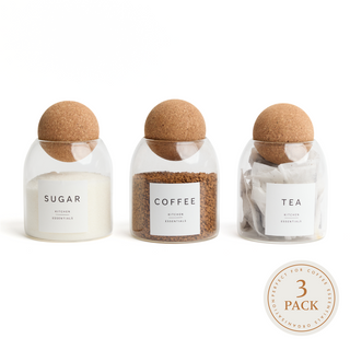 Cork Ball Glass Storage Jars – Set of 3 - Tea, Coffee & Sugar